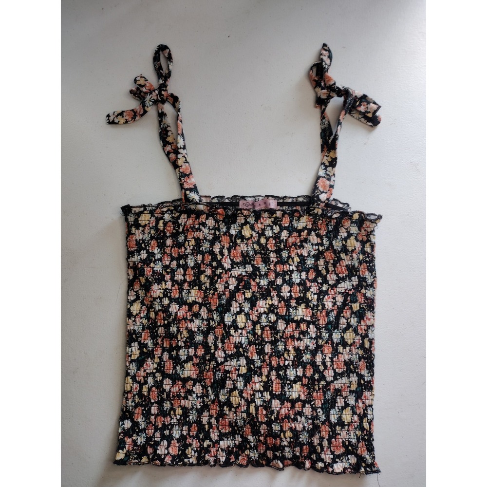 Crave Fame Womens Floral Smocked Tie Shoulder Camisole Top Black Medium